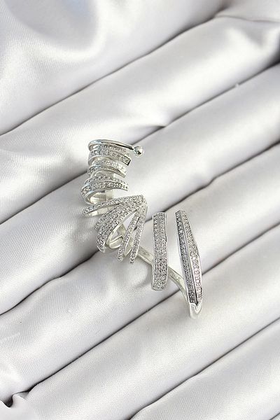Clariss Silver Color Women's Right Cartilage Earring with Spiral Figure with Brass Zircon Stone Plated