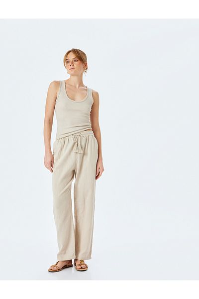 Koton New Season Cotton Comfortable Fit Waist Lace-Up Muslin Trousers with Pockets