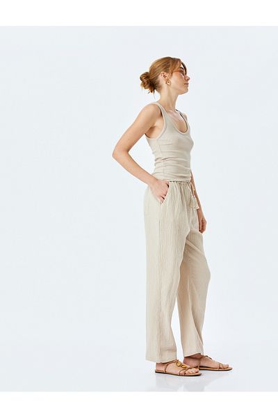 Koton New Season Cotton Comfortable Fit Waist Lace-Up Muslin Trousers with Pockets