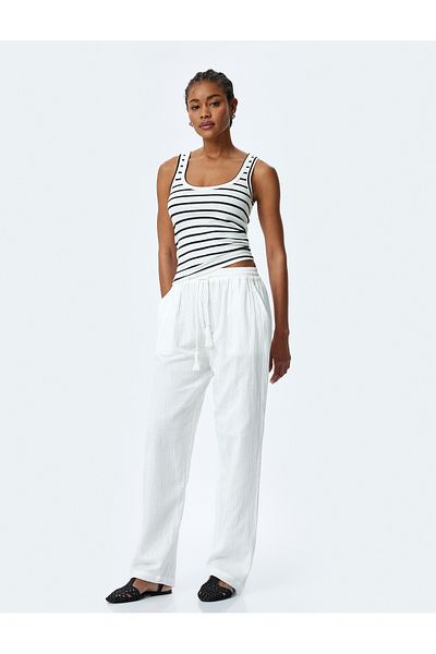Koton New Season Cotton Comfortable Fit Waist Lace-Up Muslin Trousers with Pockets
