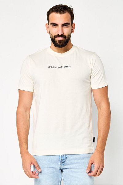 John Richmond Men Crew Neck Short Sleeve Graphic T Shirt, Cream