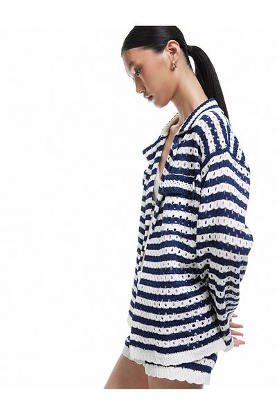 Koton New Season Pocket Detailed Long Sleeve Openwork Striped Oversize Crochet Jacket