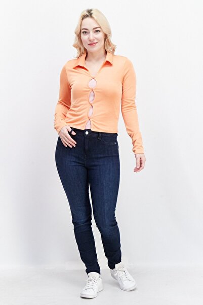 New Look Women Split Neck Long Sleeves Solid Blouse, Orange