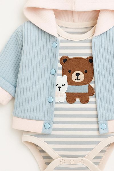 Ege Bebek Baby Boy Newborn 0-3-6-9 Months Striped Teddy Bear Printed Hooded Long Sleeve 3-Piece Stylish Set