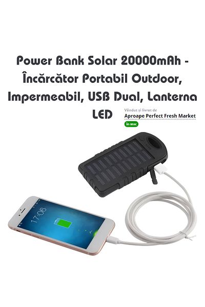 Generic Baterie externă solară APF 12800mAh - Încărcător portabil pentru exterior, impermeabil, USB dual, lanternă LED