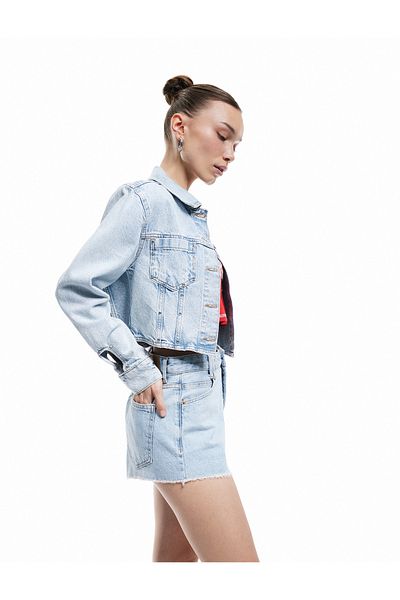 Koton New Season High Waist Comfortable Fit Buttoned Pocketed Dirty Leg Denim Shorts