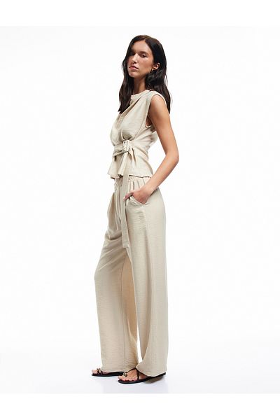 Koton New Season Viscose Fabric Elastic Waist Pocket Straight Wide Leg Trousers
