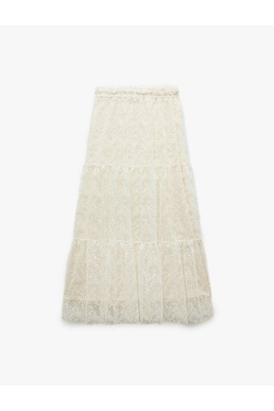 Koton New Season Regular Fit Lined Embroidered Scalloped Floral Midi Lace Skirt