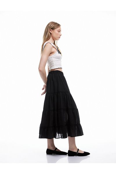 Koton New Season Layered Comfortable Fit A-Line Midi Skirt with Elastic Waist