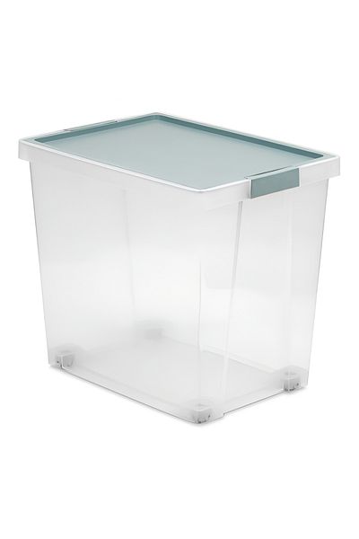 Tatay Hinged Handle Multipurpose Stackable Storage Box with Lid Blue Mist and Clear 60 Liter