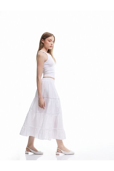 Koton New Season Layered Comfortable Fit A-Line Midi Skirt with Elastic Waist