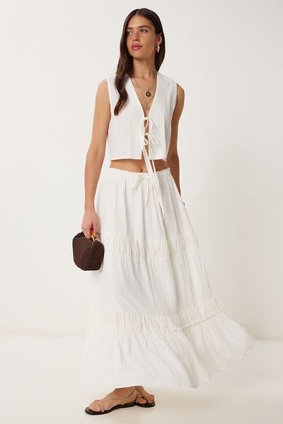 Lovelyİstanbul Linen Blended Vest Skirt Suit Bone Lfh0004
