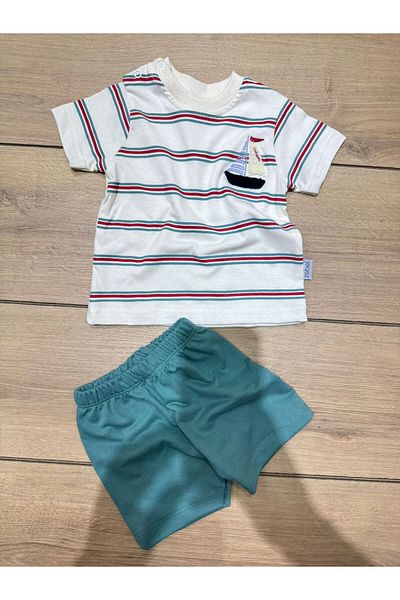 Tk Tela Kids Combed 30/1 Fabric Set 6/18 Months Range Cream Color T-Shirt Snap Fastener Shoulder Boat Embroidery on the Chest