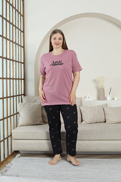 FAMESTEKSTİL Plus Size Women's Cotton Wide Pajama Set Bottom Printed