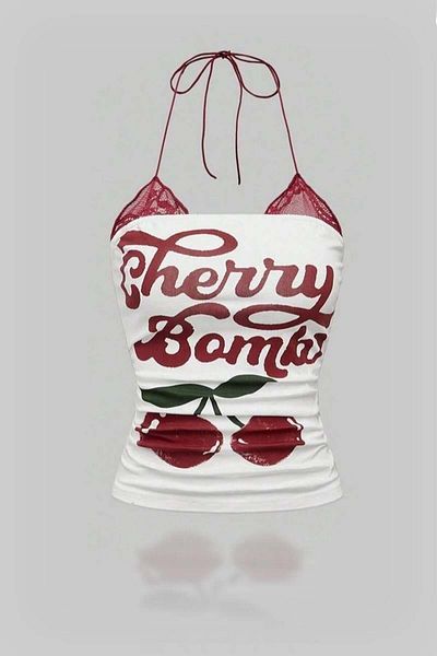 Köstebek Vintage Summer Style Cherry Cherry Printed Strap T-Shirt