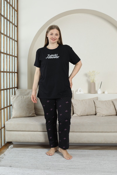 FAMESTEKSTİL Plus Size Women's Cotton Wide Pajama Set Bottom Printed