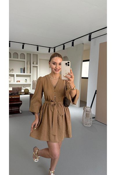 Sezgi Tekin Premium Series Button Detail Belted Camel Dress