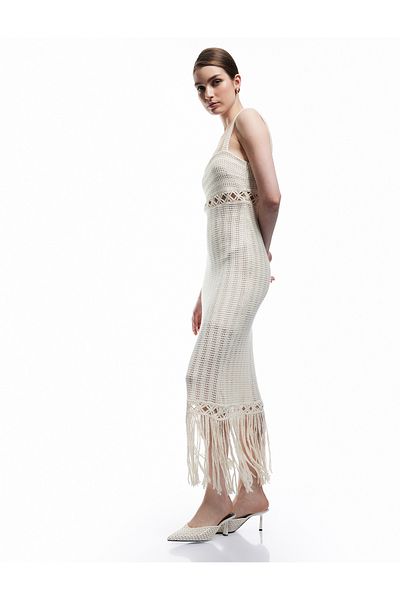 Koton New Season Slim Fit Square Neck Openwork Midi Length Crochet Dress with Tassels