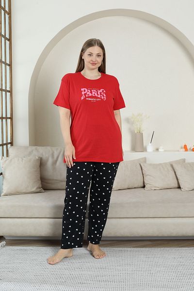 FAMESTEKSTİL Cotton Plus Size Pajama Set Paris Printed Bottom Heart
