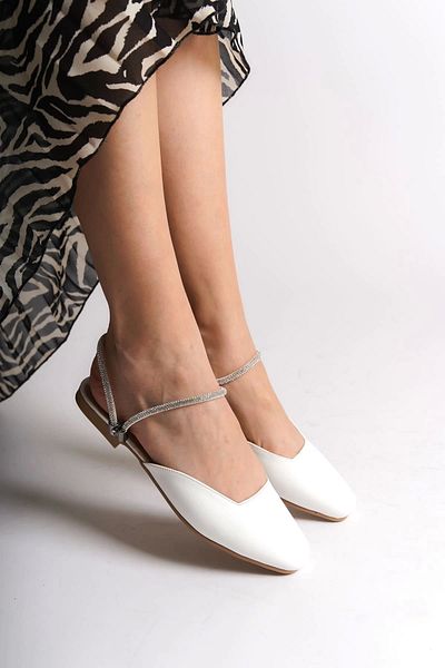 Joy Ayakkabı Carolıne Elastic Orthopedic Comfortable Sole Ankle Stone Detailed Women's Ballerina Shoes Ckt - White