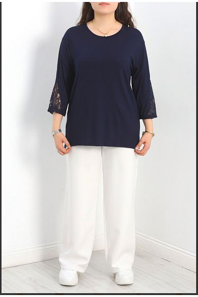 Tunicom Plus Size Ultra Luxury Combed Cotton Blouse with Lace Sleeves