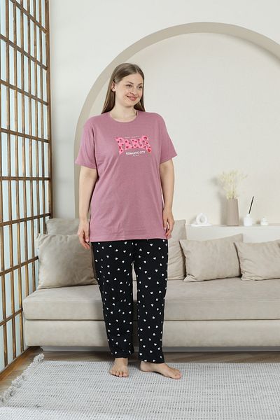 FAMESTEKSTİL Cotton Plus Size Pajama Set Paris Printed Bottom Heart