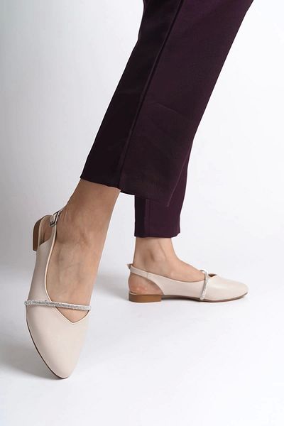 Joy Ayakkabı Allison Buckle Orthopedic Comfortable Sole Stone Detailed Women's Ballerina Shoes Ckt - Cream