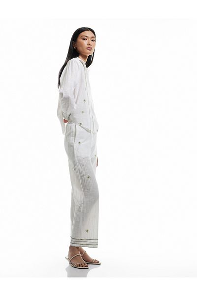 Koton New Season Cotton High Waist Scalloped Embroidered Straight Wide Leg Trousers