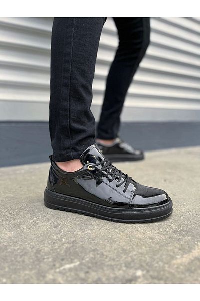 Joy Ayakkabı Jy152 Cool Lace-Up Patent Leather Men's Daily Sports Classic Shoes Rst - Black