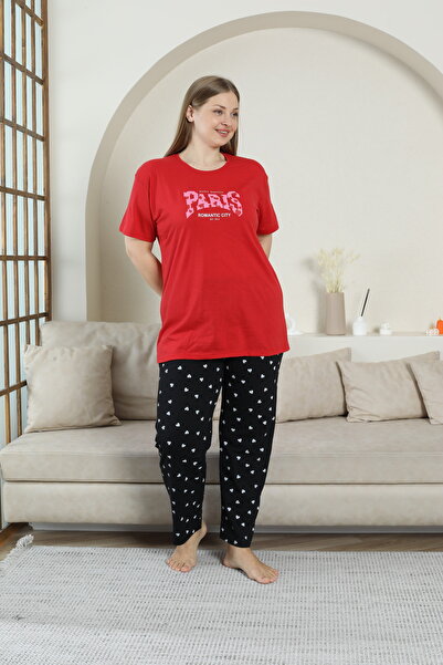 FAMESTEKSTİL Cotton Plus Size Pajama Set Paris Printed Bottom Heart