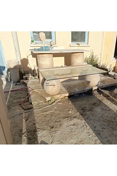 niza dekorasyon DOĞAL TRAVERTEN KÜRE AYAK CAM ORTA SEHPA