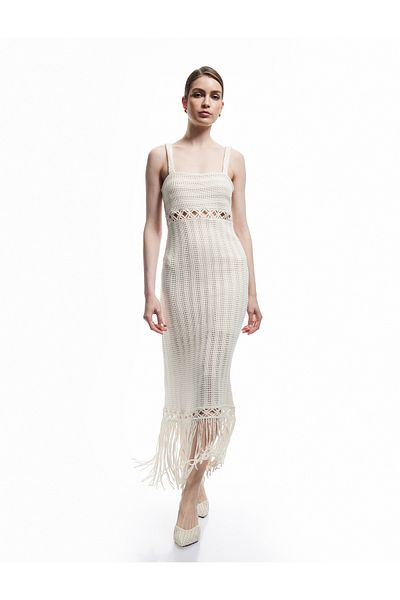 Koton New Season Slim Fit Square Neck Openwork Midi Length Crochet Dress with Tassels