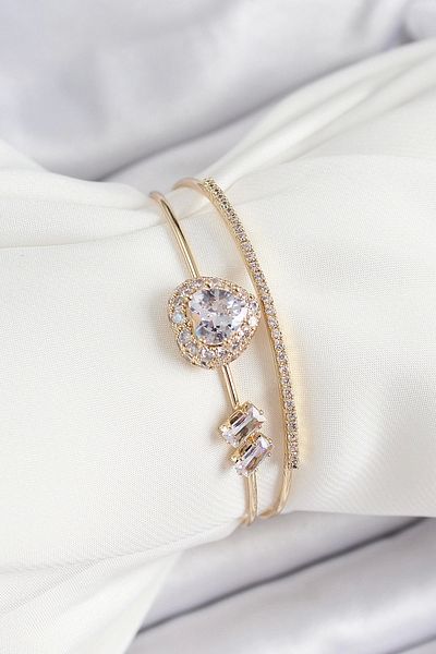 Clariss Brass Gold Color Heart Zircon Stone Women's Bracelet