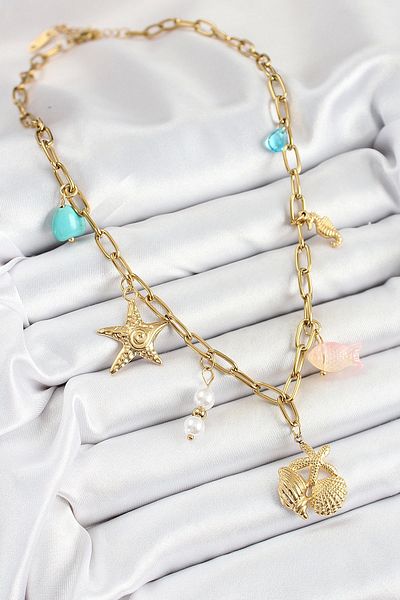 Clariss 316L Steel Gold Color Sea Star and Seashell Concept Women's Necklace