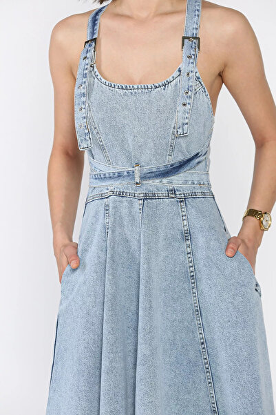 Zehra Gül Buzmavisi Kadın Jean Kot Kiloş Salopet Elbise