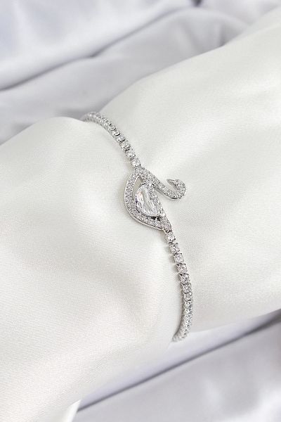 Clariss Brass Silver Color Zircon Stone Swan Model Women's Bracelet