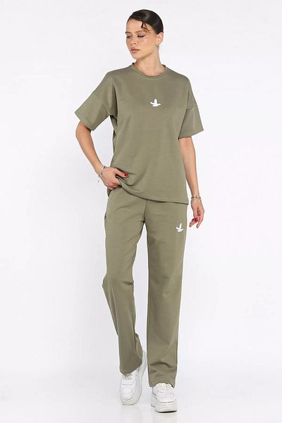 GÜLSELİ Khaki Women's Embroidery Detailed Crew Neck T-Shirt Pants Double Set