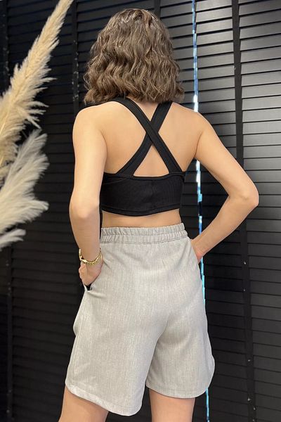 GÜLSELİ Gray Women's Elastic Waist Pleated High Waist Velcro Shorts