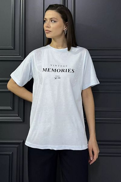 GÜLSELİ Baby Blue Crew Neck Printed Stone Women's T-Shirt