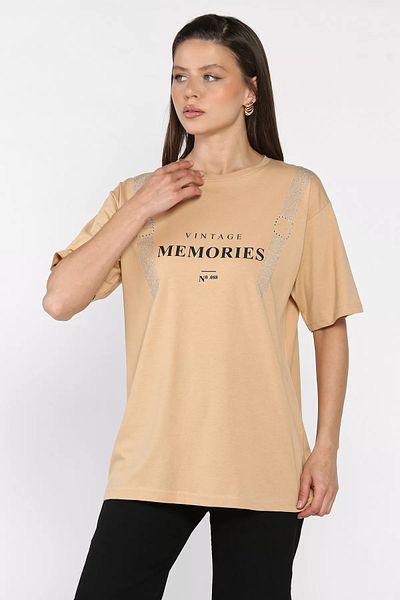 GÜLSELİ Beige Crew Neck Printed Stone Women's T-Shirt