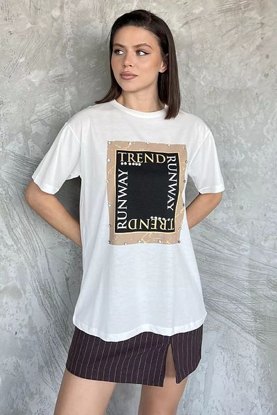 GÜLSELİ Tricou crem pentru damă, cu decolteu rotund, imprimat cu pietre