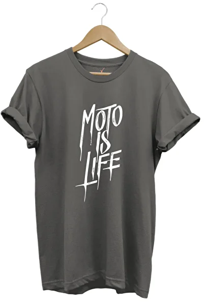 WİDİ Moto Is Life Printed Biker 100% Cotton Regular Fit Crew Neck Premium Gray T-Shirt