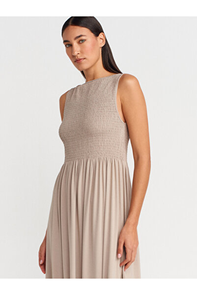 Dilvin 91465 Kayık Yaka Midi Elbise-Bej