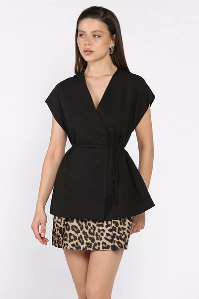GÜLSELİ Black Women's Lined Linen Vest