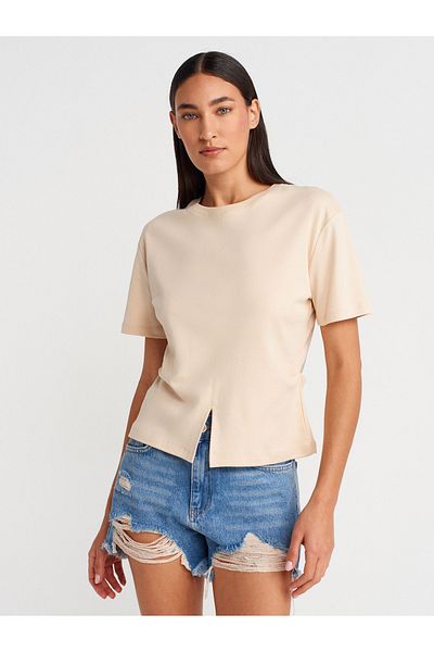 Dilvin 31874 Slit Detailed T-Shirt-Stone