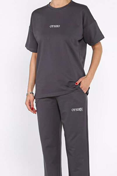 GÜLSELİ Smoked Women's Crew Neck Embroidery Detailed T-Shirt Pants Double Suit
