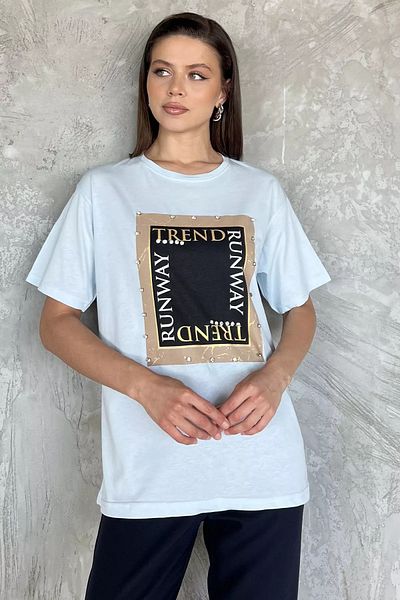 GÜLSELİ Baby Blue Women's Crew Neck Printed Stone T-Shirt