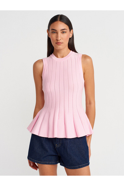 Dilvin 10740 Crew Neck Sweater Knit Blouse-Pink