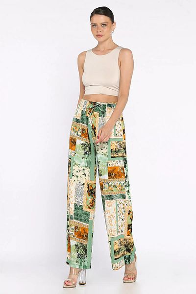GÜLSELİ Dark Green Women's Elastic Waist Ethnic Patterned Plus Size Viscose Walking Pants