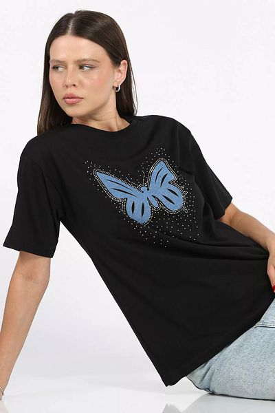 GÜLSELİ Black Crew Neck Stone Butterfly Motif Women's T-Shirt